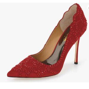 XYD Red Rhinestone Crystals Stiletto Heels for Wedding Bridal Pointed Toe Pumps
